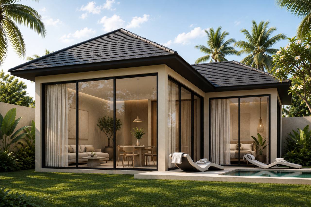 BASE villa exterior with pool